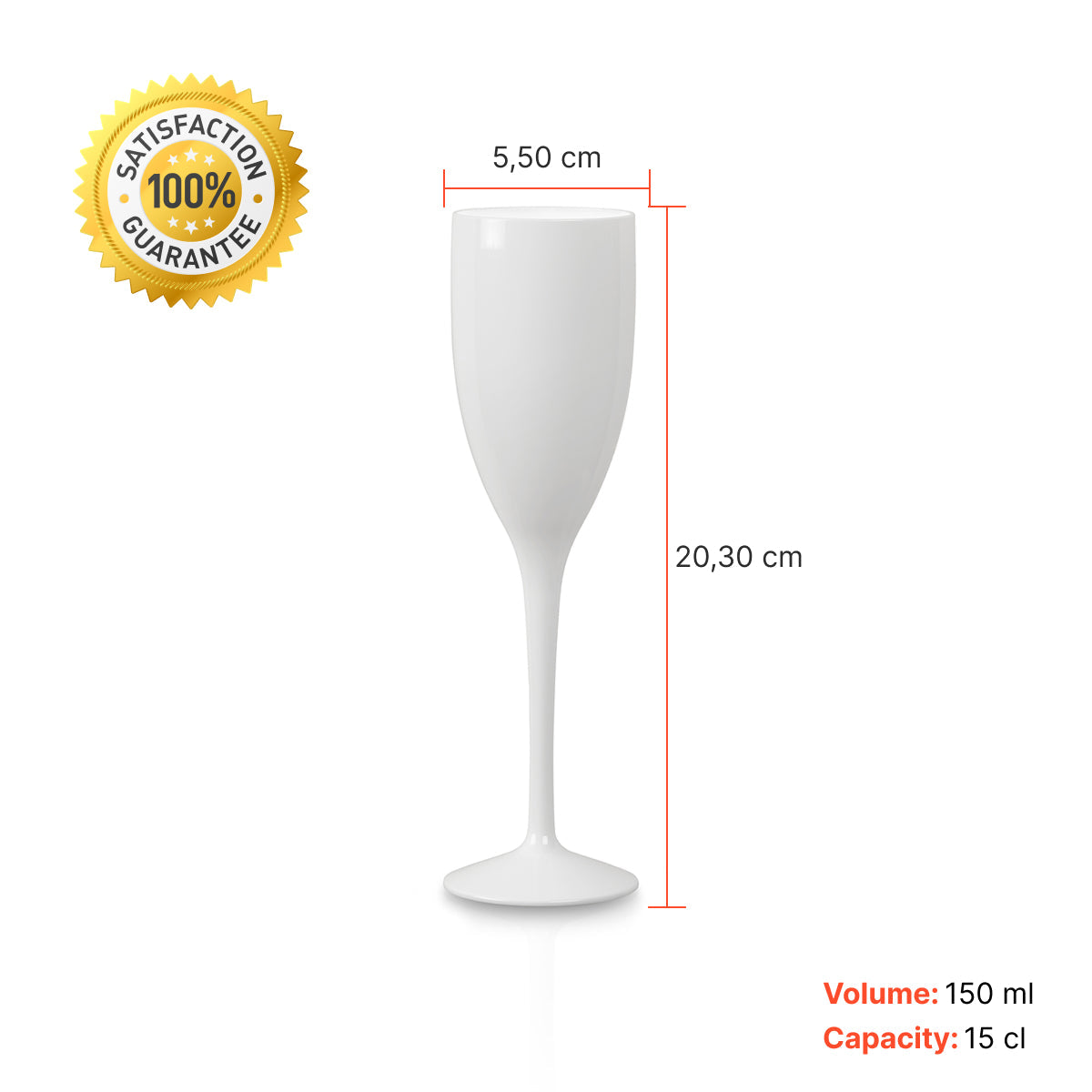 Copo de champanhe Liffe branco com capacidade de 15 cl, mostrando medidas e volume.