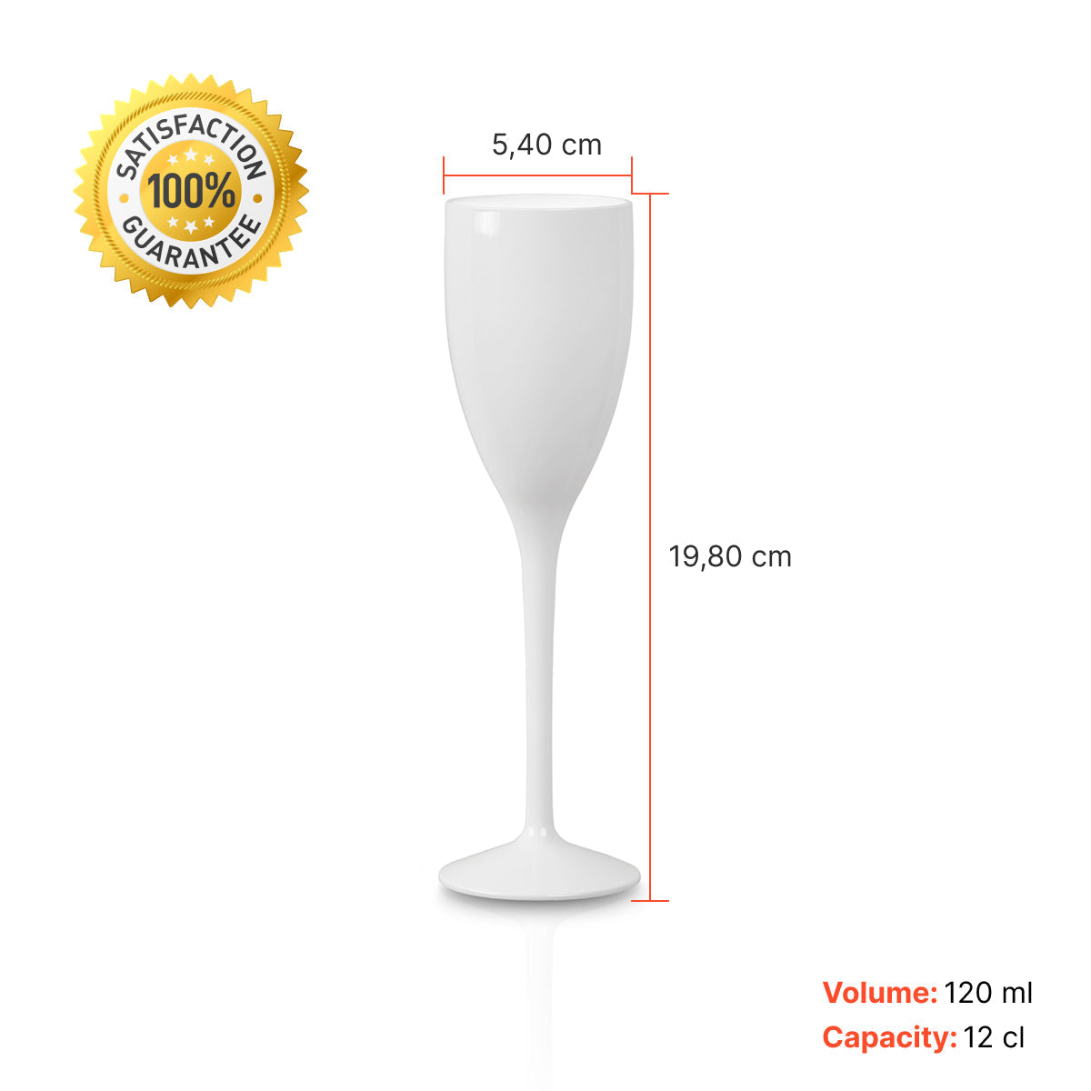 Copo de champanhe Liffe branco de 12 cl com medidas detalhadas e capacidade