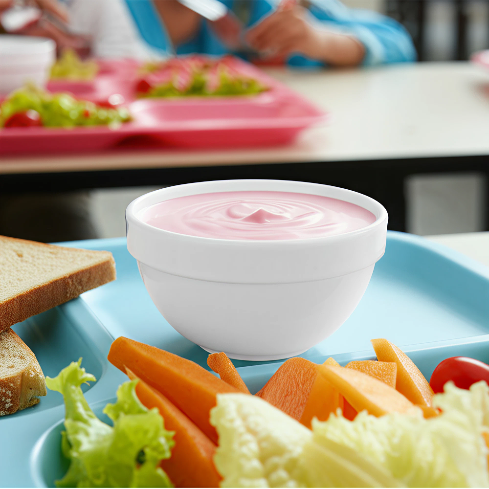 Bowl Liffe Branca 42 cl com salada e molho em uma refeição escolar
