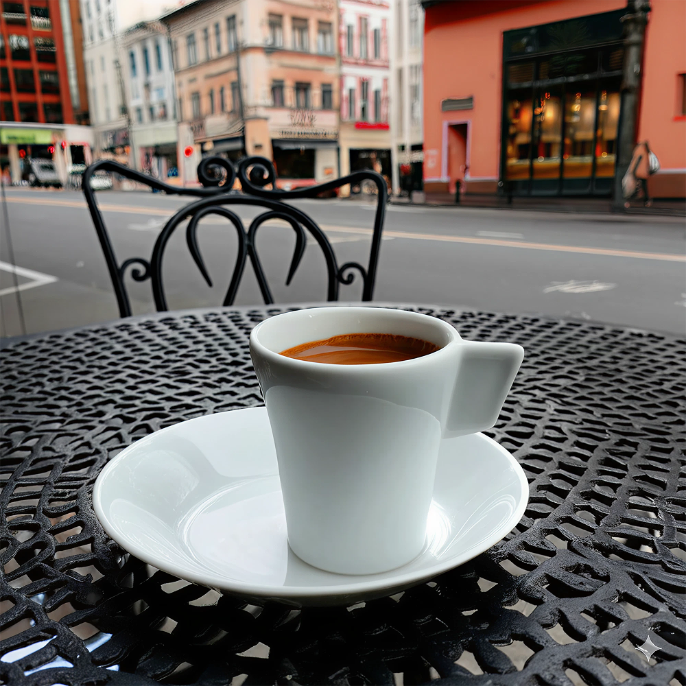 Chávena de café branco com pires Liffe, 9 cl, em uma mesa ao ar livre