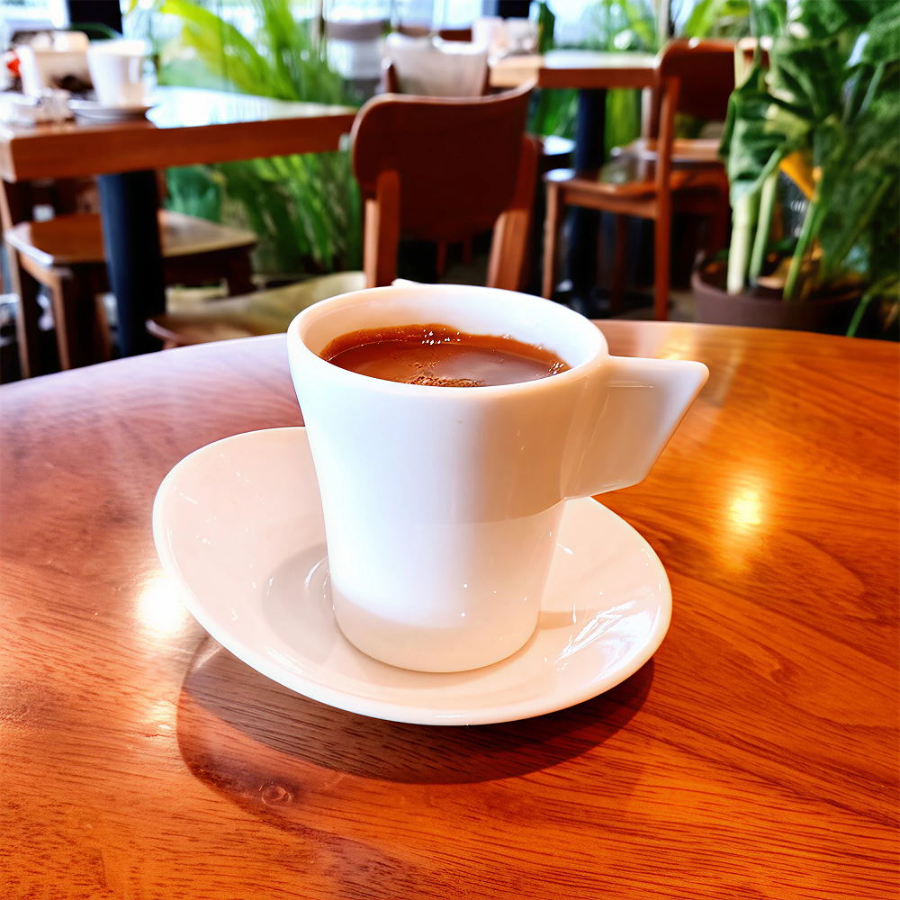 Chávena de café branco com pires em uma mesa de madeira, ambiente acolhedor.