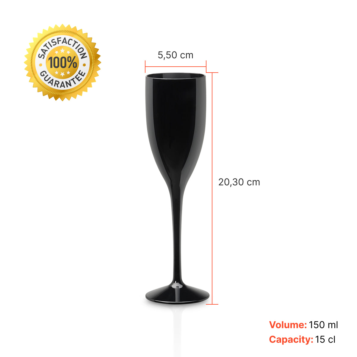 Copo de champanhe Liffe preto com 15 cl, mostrando medidas e capacidade.