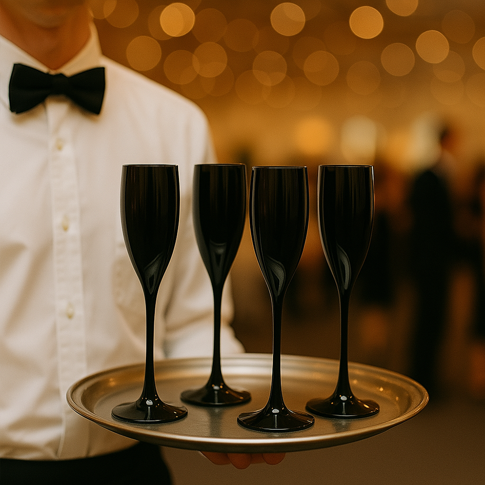 Copo de champanhe preto Liffe de 15 cl em um evento formal