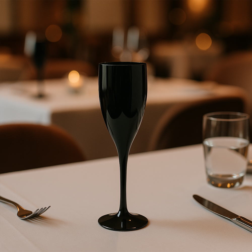 Copo de champanhe Liffe preto 15 cl em uma mesa de jantar elegante
