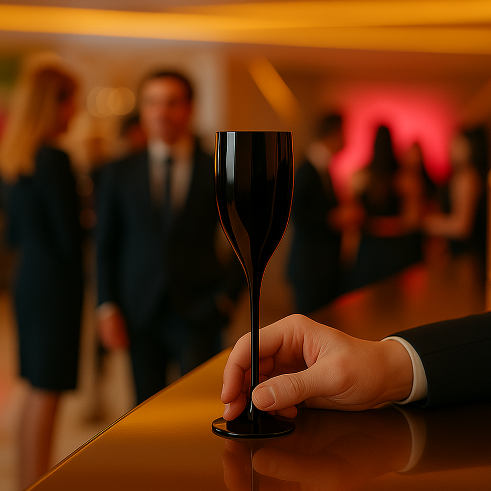 Copo de champanhe Liffe preto de 12 cl em evento elegante