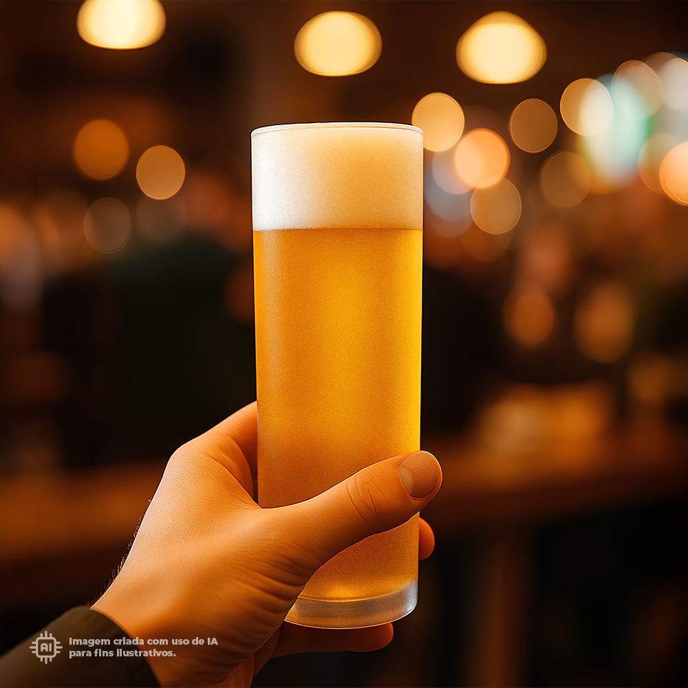 Copo Tubo Liffe ICE 22 cl cheio de cerveja em um bar