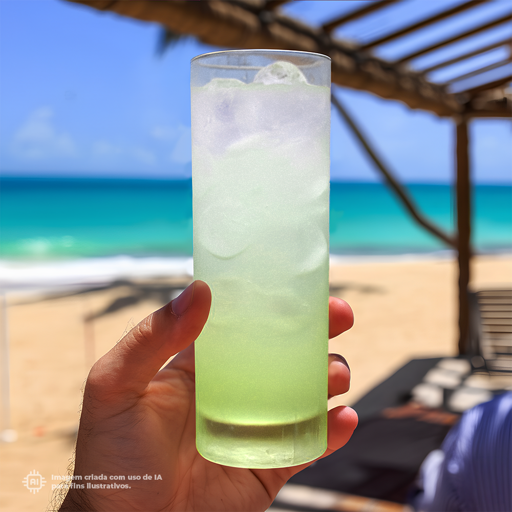 Copo Tubo Liffe ICE 22 cl com uma bebida verde em um dia ensolarado na praia