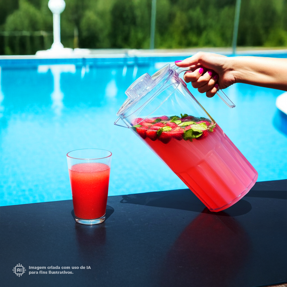 Jarro com tampa transparente Liffe 1,5L servindo limonada no deck da piscina
