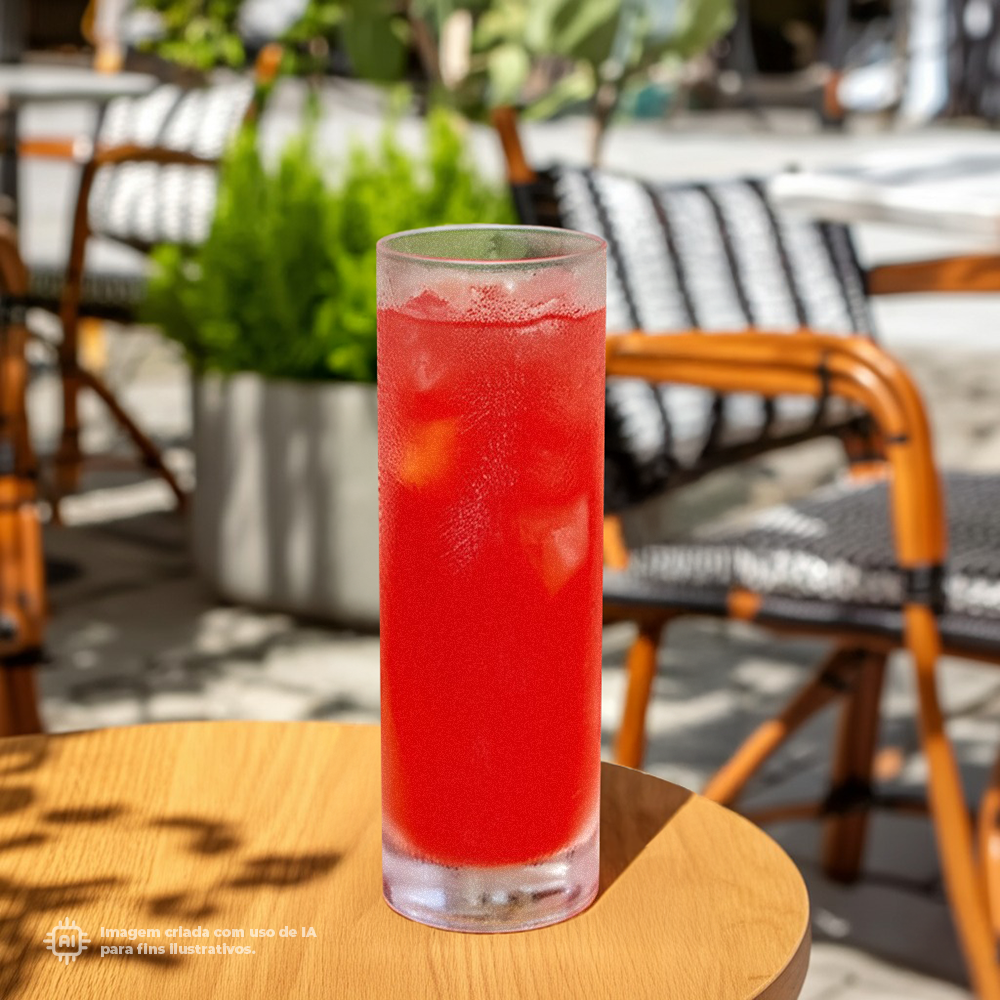 Copo Tubo Liffe ICE 22 cl com bebida vermelha em um ambiente externo