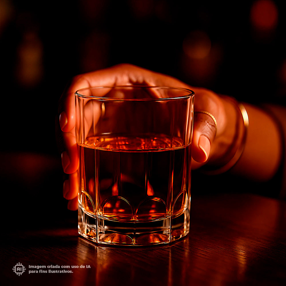 Mão de uma pessoa segurando um Copo Whisky Liffe Transparente 35 cl com bebida alcoólica escura, em ambiente com iluminação suave e fundo desfocado.