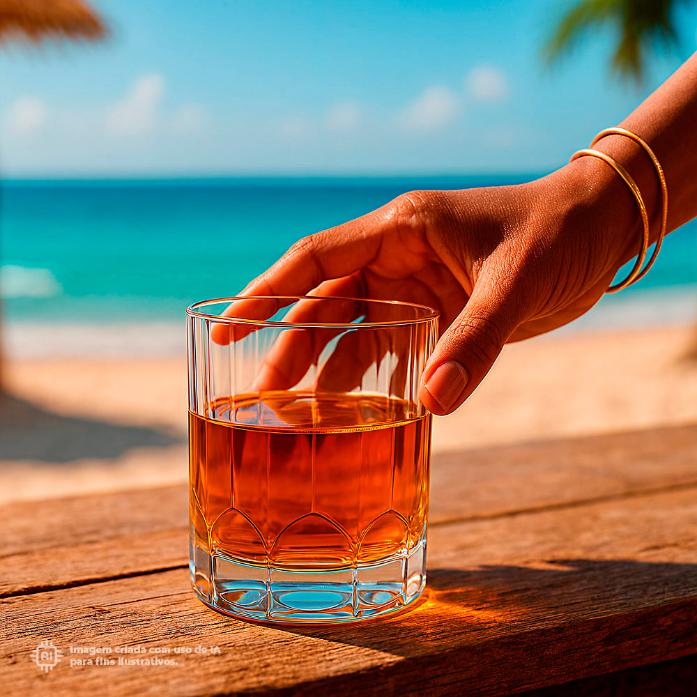 Um Copo Whisky Liffe Transparente 35 cl na praia com fundo de mar azul e céu claro, sendo segurado por uma mão com pulseiras de ouro
