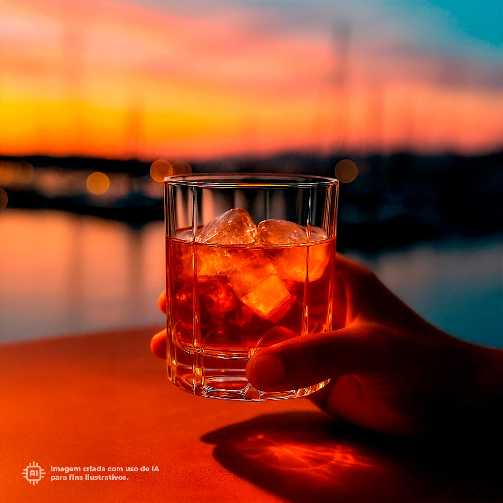 Copo Whisky Liffe Transparente 35 cl com drink alcoólico e gelo, segurado por uma pessoa, com pôr do sol ao fundo refletindo na água, criando uma atmosfera tranquila e elegante.