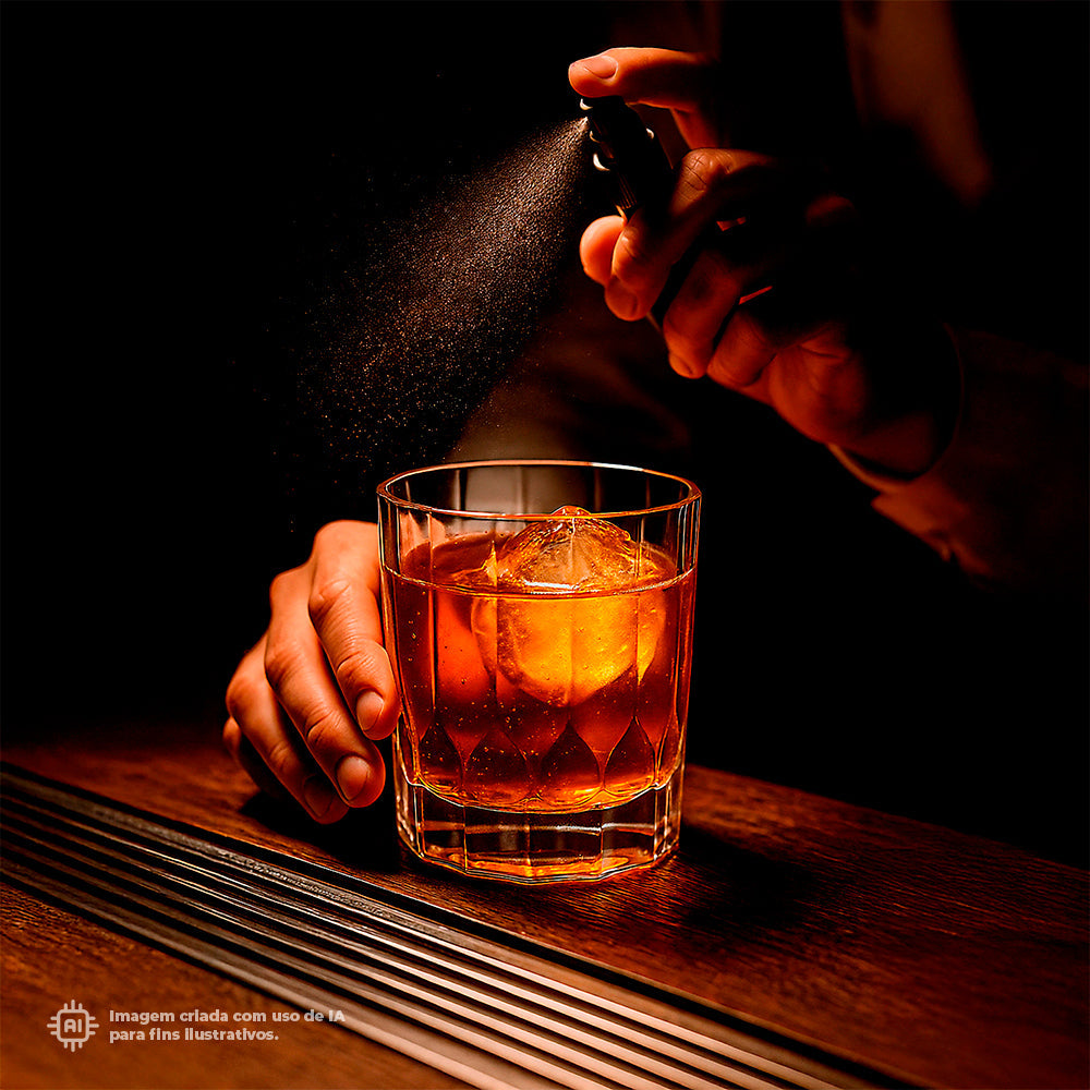 Pessoa adicionando canela em pó a um Copo Whisky Liffe Transparente 35 cl com gelo, em ambiente com iluminação quente e aconchegante.