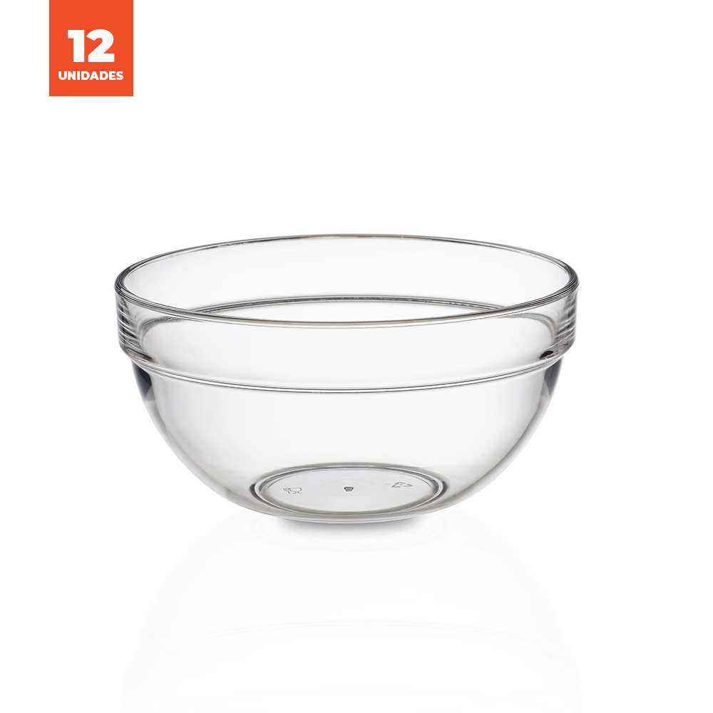 Kit com 12 bowls transparentes de 42cl da marca Liffe, ideais para uso diário.
